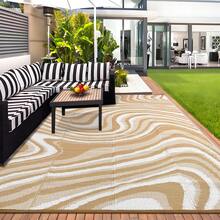 1Pcs Modern Abstract Pattern Outdoor Area Rug For Balcony Pool RV Waterproof Reversible Mat Palm Vintage Straw Plastic Camping Carpet For Patio Deck - Brown and White - View 2
