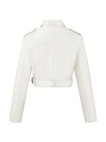 Giolshon Women's Autumn/Winter Street Style Faux Leather Short Biker Jacket - Asymmetric Zipper, Adjustable Waistband, Fashionable Urban Commuter Look - White - View 2