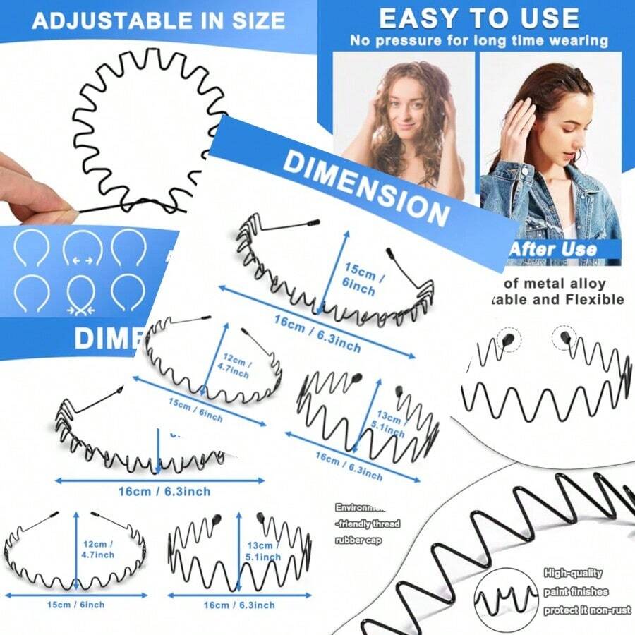 Metal Headbands For Men Fashion Unisex Wavy Hair Bands Elastic Zigzag Hairbands Perfect For Outdoor Sports Daily Styling 3 Pack - 黑色金屬波浪鋸齒3件套 - 查看 1