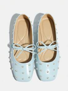 Plus Size Women's Mary Jane Shoes, Spring/Autumn 2026 New Arrival, Light Blue Square Toe Faux Pearl Decor Bow Tie Strap Casual Flats, Versatile Outdoor/Walking Comfortable Ballet Flats - Light Blue - View 7
