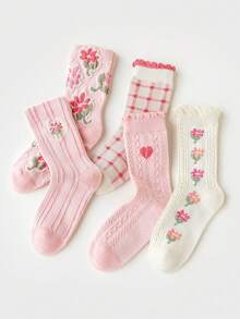 5 Pairs Girls Floral Lace Trim Socks, Princess Style Mid-Calf Socks, All Season - Multicolor - View 6