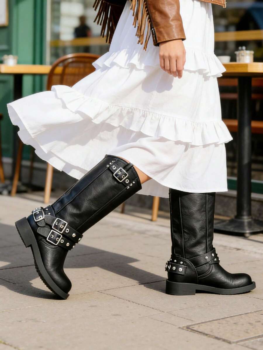 Women's Punk Mid Calf Boots Chunky Low Heel Riding Boots Platform Moto Boots Round Toe Wide Calf Motorcycle Boots For Women With Buckles Wide Calf Pull On Biker Boots - 黑色 - 查看 1