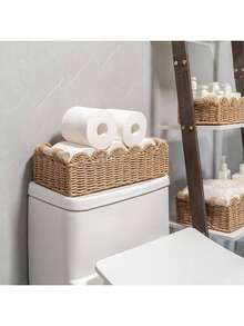 1个带扇形边的编织收纳篮，适用于浴室水箱架、浴室、客厅、卧室、梳妆台、家居装饰、浴室配件、桌面、家居收纳整理、整理篮 - 彩色 - 查看 5