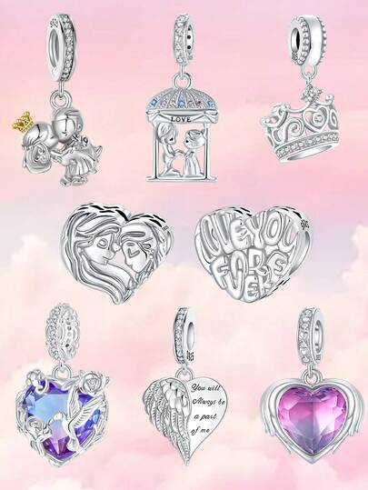 镀银情侣爱心水晶皇冠珐琅吊坠，适用于手链项链，浪漫情人节饰品制作配件，适合手链DIY女士饰品