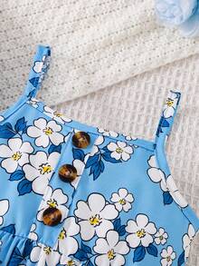 2件套女婴碎花吊带连衣裙套装，春夏款 - 藍色 - 查看 3