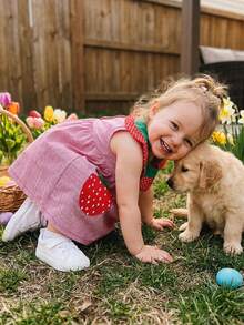 Toddler Baby Girls Plaid Dress Fashionable Strawberry Embroidery A Line Tank Dress - Red - View 3