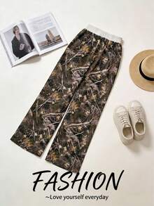 欧美跨境时尚新款罗纹高腰全印花直筒裤 - 鏽棕色 - 查看 2