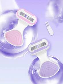 女士脱毛剃刀，适用于腋下、腿部和比基尼部位，便携式剃刀，紫色安全手动剃刀，女士比基尼手动安全剃刀刀片脱毛剃须/5层刀片，不锈钢刀片可更换紫色剃刀头，女孩礼物旅行必备，适合外出 - 彩色 - 查看 1