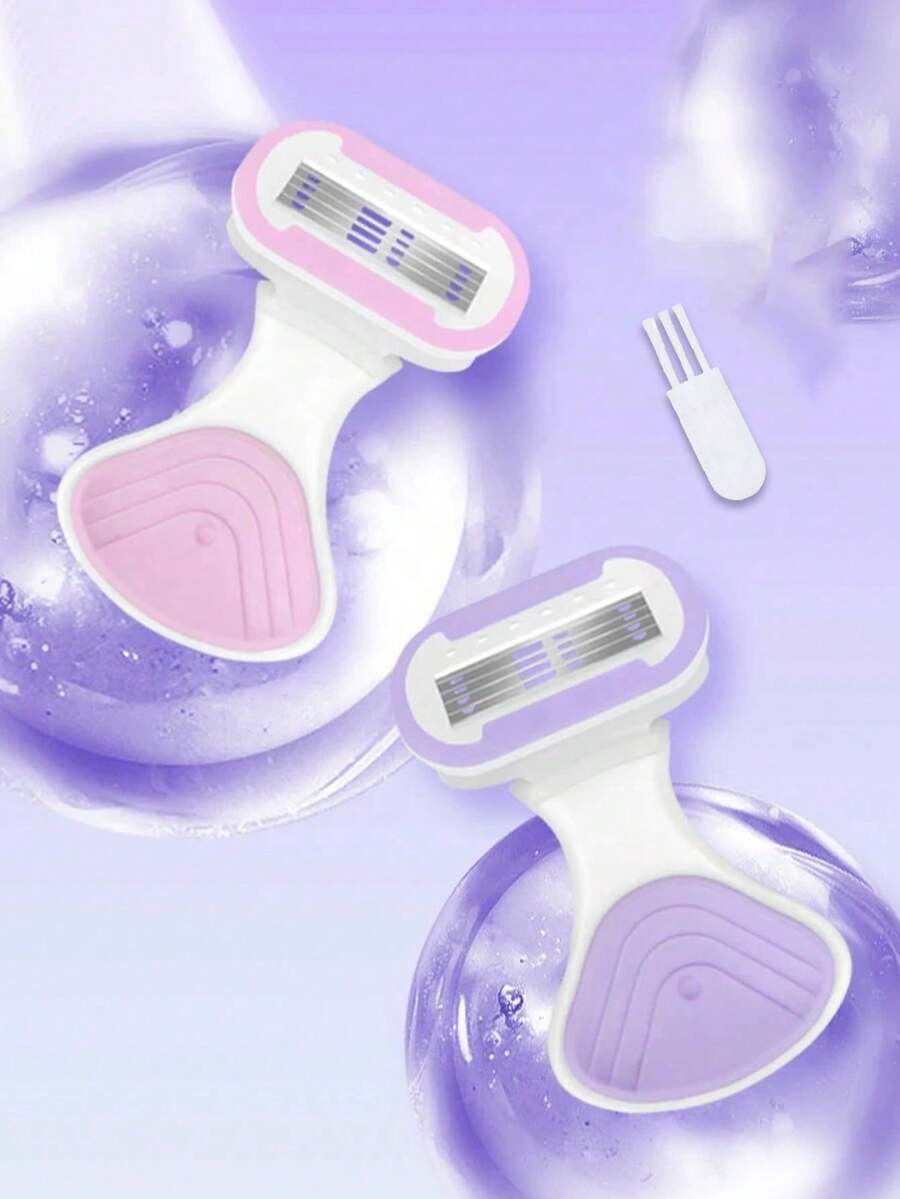 女士脱毛剃刀，适用于腋下、腿部和比基尼部位，便携式剃刀，紫色安全手动剃刀，女士比基尼手动安全剃刀刀片脱毛剃须/5层刀片，不锈钢刀片可更换紫色剃刀头，女孩礼物旅行必备，适合外出 - 彩色 - 查看 1
