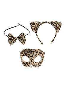 Cheetah Costume Set, Leopard Print Cat Ears With Bow, Masquerade Ball Mask, Women's Halloween Costume Accessories, Women's Party Costume, Suitable For Carnival, Halloween Costume Party, Christmas Eve, Birthday Party, Role-Playing Party, Festival Or Costume Party. - Multicolor - View 3