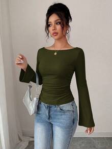 Women's Spring Fall Long Sleeve Shirts Crop Going Out Tops Casual Boat Neck Bell Sleeve Ribbed Ruched Y2K Clothes - Army Green - View 6