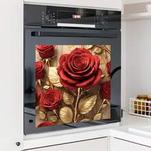 1pc Elegant Golden & Red Rose Oven Decal - Vinyl, Reusable, Washable Wall Sticker For Living Room & Kitchen - Red Roses - View 5