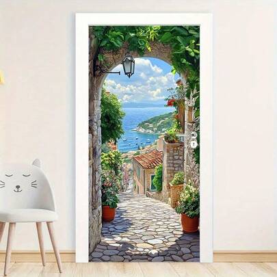 1/2pcs Romantic Italian Coastal Town Wall Art Door Stickers - Stone Archway With Vibrant Flowers And Seascape, Removable Modern Wall Decoration For Bedroom, Living Room, Or Office, Bedroom Wall Decoration | Vibrant Wall Art | Easy To Install, Seaside Home Decor