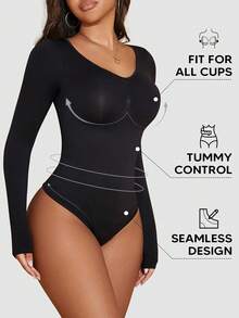 Women's Solid Color Ribbed Long Sleeve Shapewear Bodysuit - Black - View 1