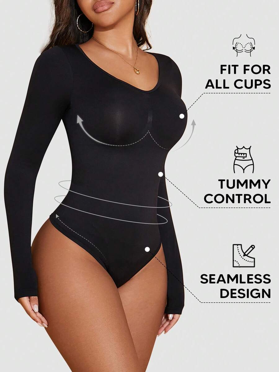 Women's Solid Color Ribbed Long Sleeve Shapewear Bodysuit - Black - View 1