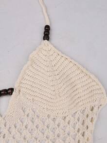 Yuwenier 女士性感优雅针织深V领露背镂空修身度假连衣裙，适合沙滩穿着 - 杏色 - 查看 9