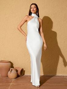 LOVE&LEMONADE 女士时尚白色缎面修身无袖围巾领长裙 - 白色 - 查看 3