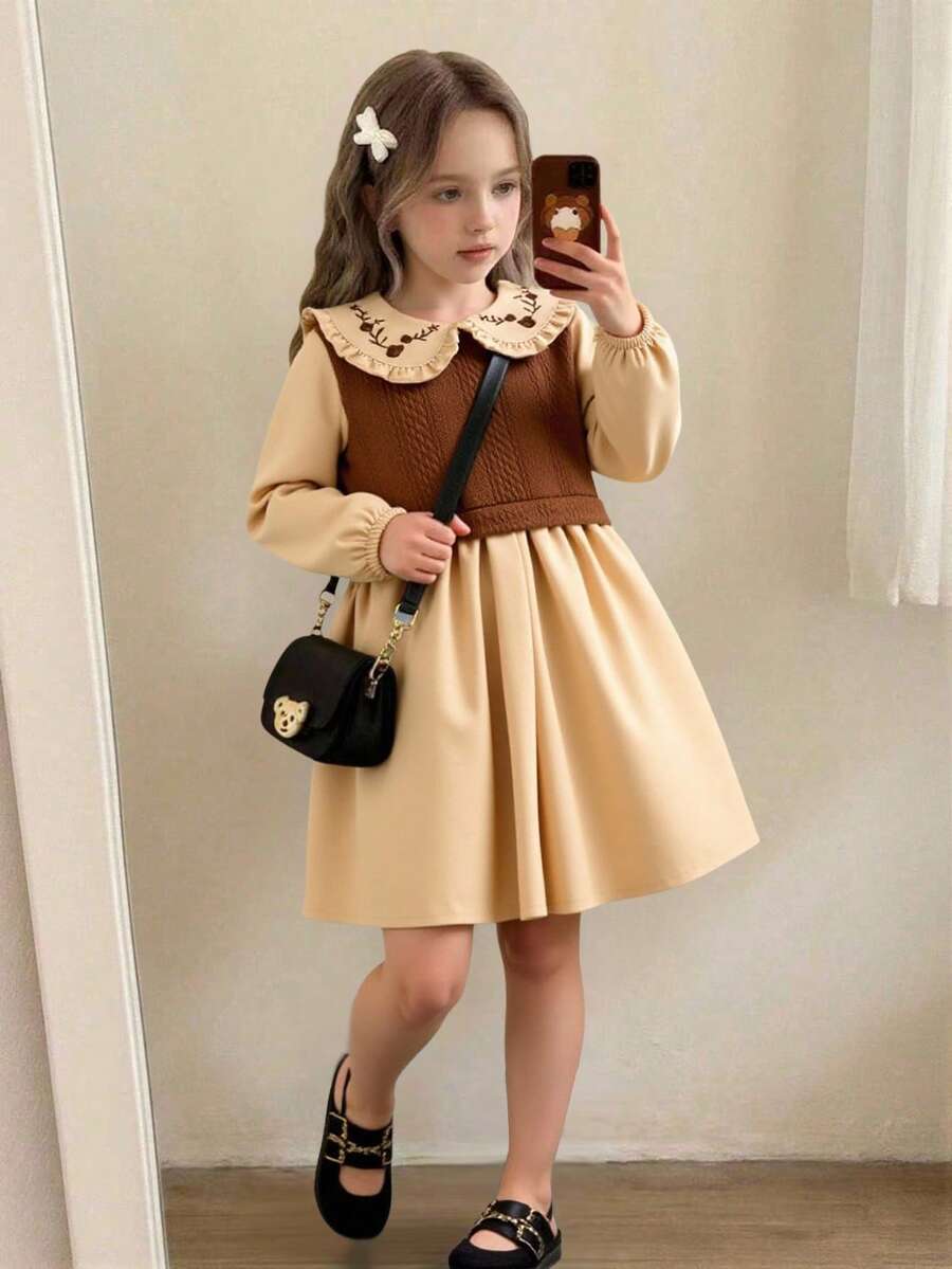 Vestido de manga larga de estilo patchwork con cuello Peter Pan bordado, 2 en 1, para niñas con estilo preppy - Marrón - Ver 1