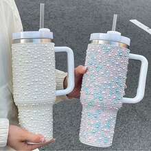 A Pearl Diamond 40oz Stainless Steel Car Cup With Handle And Portable Straw, A High-Quality Insulated Water Bottle. - 白色 - 查看 5
