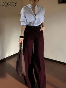 DONICY 女士春夏新款下装，酒红色纯色高腰口袋直筒阔腿裤，时尚复古优雅简约百搭套装裤，适合日常休闲、办公、约会、购物、展览等场合。 - 酒紅色 - 查看 11