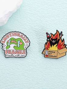 1Set Fragile, Handle With Care Enamel Pins Dog Cat Frog Brooches Lapel Badges Cartoon Emotionally Animal Jewelry Gift For Friends - Multicolor - View 6