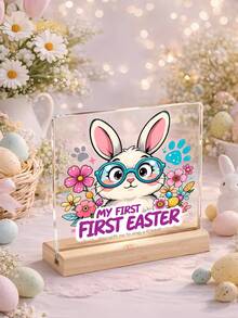 1pc Easter Decoration, Pink Bunny Table Decor, Acrylic Sign, Office Decor, Bedroom Decor, Desk Decor, Happy Easter Party Supplies, Gift Home Decor Office Desk Desk Office Supplies - Acrylic + Wooden Base - View 5