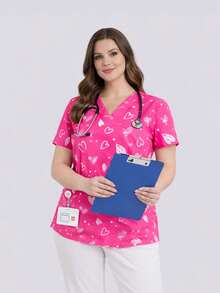 cimmuovere Plus Size Women's V-Neck Loose Short Sleeve Cute Heart Print Dual Pocket Scrubs Nurse Scrubs Workwear Dentist Healthcare Pet Hospital Laboratory Top Pink Spring - Pink - View 1