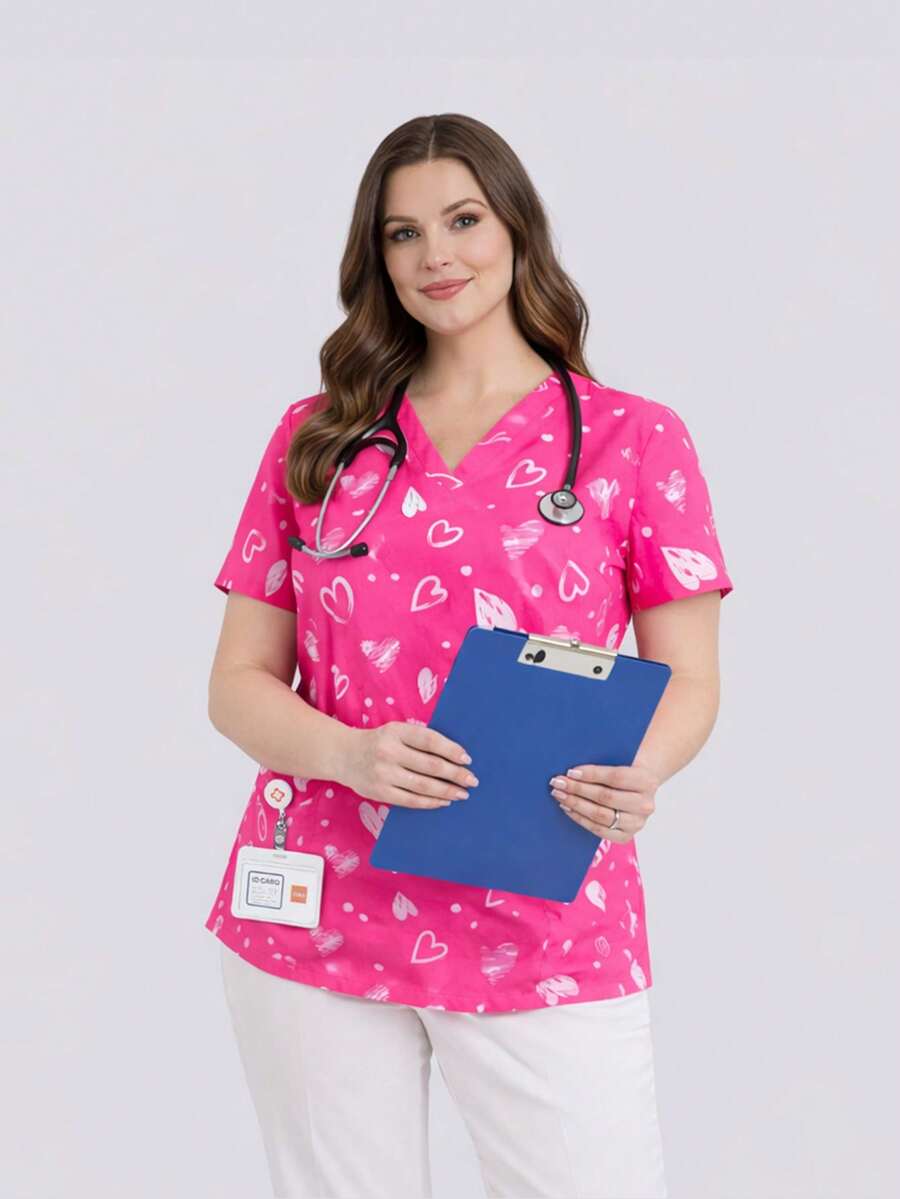 cimmuovere Plus Size Women's V-Neck Loose Short Sleeve Cute Heart Print Dual Pocket Scrubs Nurse Scrubs Workwear Dentist Healthcare Pet Hospital Laboratory Top Pink Spring - Pink - View 1