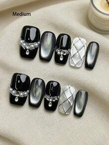 10片手工黑白珍珠美甲贴片，日式极简风格，可重复使用，女士适用 - 彩色 - 查看 10