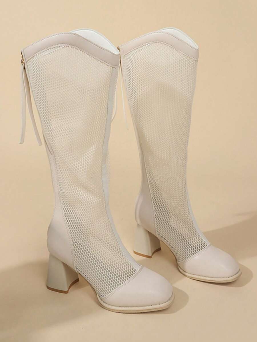 Snug Fit Tall Boots, Chunky Heel Net Boots For Teenagers, Women's Summer High Heel Net Mesh Hollow-Out Square Toe Knee-High Boots - White - View 1