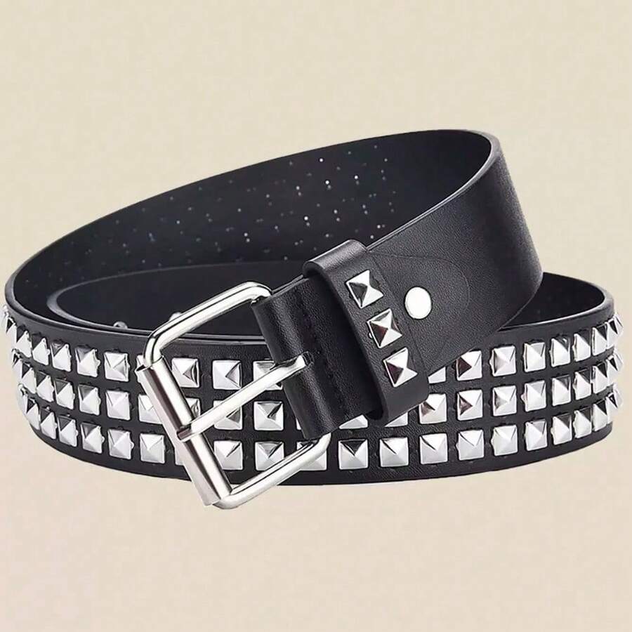 1PC Street Fashion Punk Style Studded Denim Pants With Belt And Skirt Belt, Perfect For Valentine's Day, Summer, School, Autumn, And Halloween - 白色 - 查看 1