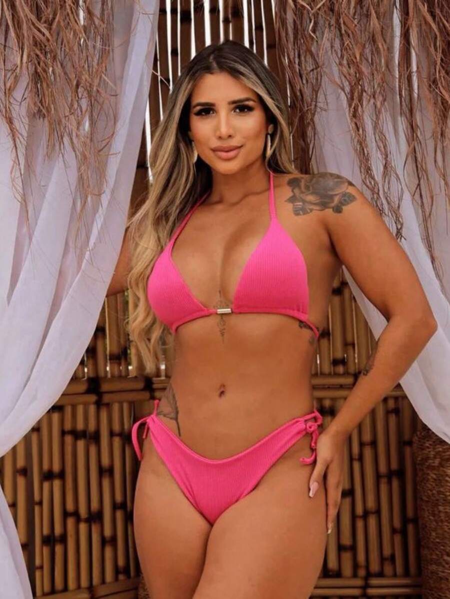 Ribbed Triangle Bikini Bottom, Double String Bikini Bottom, Semi-Thong - Hot Pink - View 1