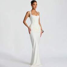 Women's Evening Dress Fashion Elegant Sexy Spicy Girl Style Waist Cinching Natural Pleated Pendant Feeling Suspender Sleeveless Hip Wrap Party Dress - 白色 - 查看 4