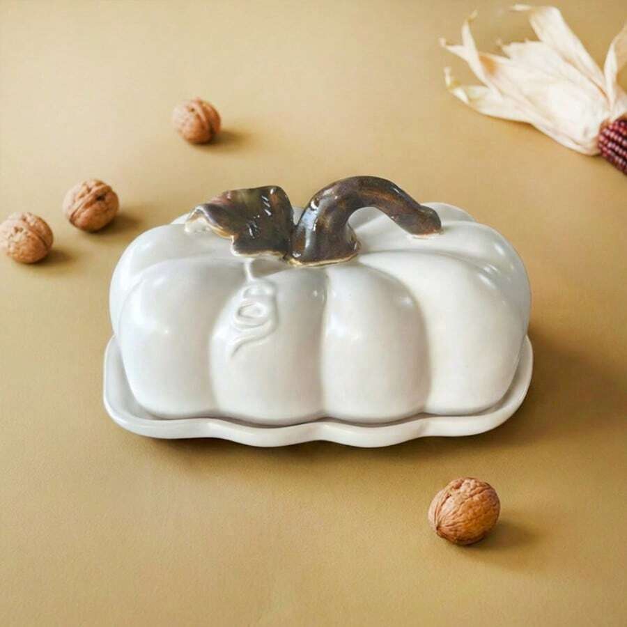 Weiße Keramik Kürbis Butterdose mit Deckel - Thanksgiving Herbst Ernte Küchen Dekoration & Servierplatte - Verschiedenfarbig - Übersicht 1