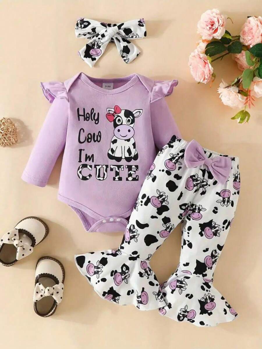 HAO6 Baby Mädchen Neugeborene Frühling/Sommer Set mit rundem Ausschnitt, Langarm, süßem Kuh-Muster, Kuh-Muster Schlaghose, bequemes, atmungsaktives Outfit für Baby Mädchen - Violett - Übersicht 1