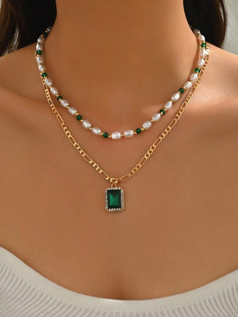 2pcs/Set Vintage High-End Faux Pearl Beaded Necklace, Fashion Versatile Green Crystal Pendant Choker Necklace For Women, Suitable For Daily Wear, Dates, Parties, Music Festivals - Multicolor - View 1