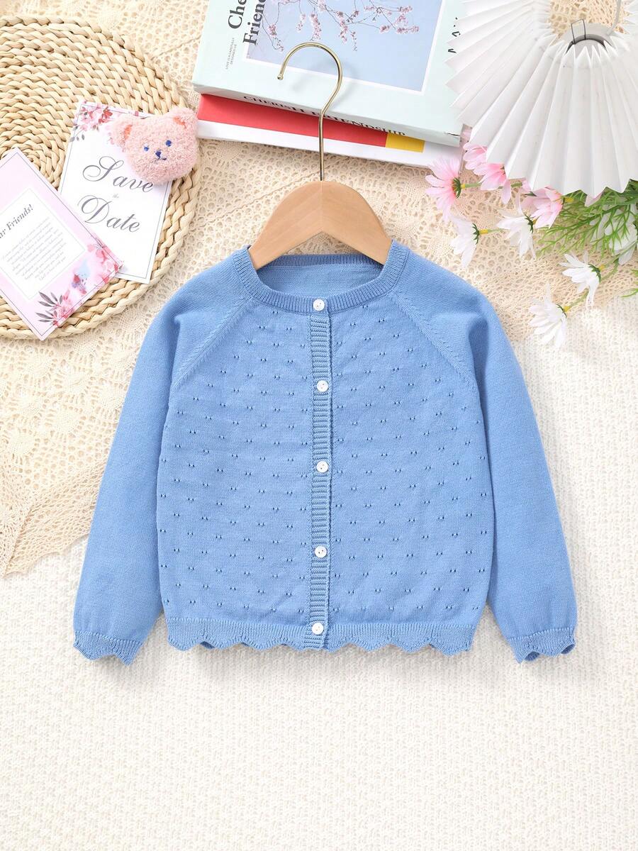 Baby Girls' Lightweight Hollow Floral Button-Up Long Sleeve Knit Cardigan Sweater - Mint Blue - View 1