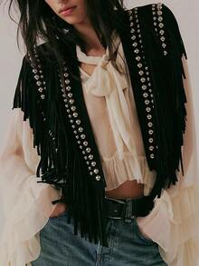 Women's Studded Suede Vest 70s Hippie Outfit Sleeveless Open Front Tassel Vest Collar - màu đen - Xem 2