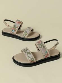 Women's Strap Buckle Sandals, Low Heel Thick Sole, Fresh Color Block Bohemian Vacation Vintage Random Print Open Toe Flat Heel Comfortable Summer New Wedge Low Heel Non-Tiring Fashion Outdoor Beach Sand Random Colorful Floral Leg-Lengthening Back Strap Hollow Design Summer 2026 Spring Autumn Lotus Apricot Breathable Fresh Elegant Graceful Matching Skirts Casual Sports Roman Sandals 3334 Small Size Large Size Women's Shoes 41-43 - Lotus Root and Apricot - View 3