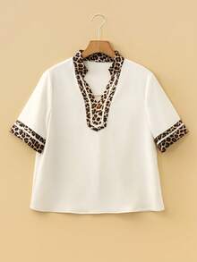 Acelitt Women's Casual Apricot Leopard Print Patchwork V-Neck Short Sleeve Loose Blouse, Spring/Autumn Summer - Beige - View 4