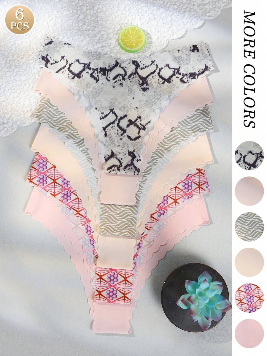 6 قطع ملابس داخلية نسائية خالية من الغرز، قماش مريح بخصر موجي، سروال مطبوع بجمال - متعدد الألوان - مشاهدة 1