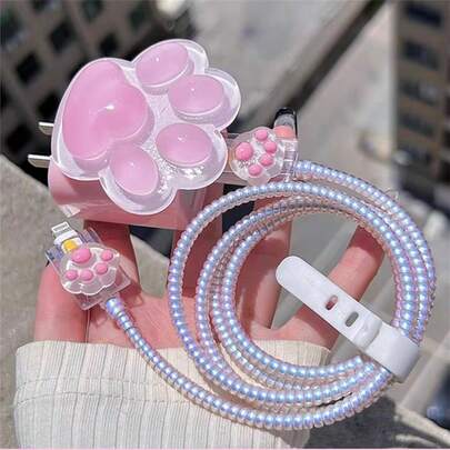 5pcs Cute Cat Paw 20W USB Charger Protector Case, Cable Management Sleeve, Data Cable Protector Set