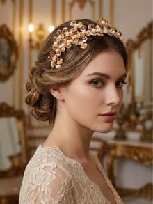1pc Elegant Romantic Floral Design Bridal Crown Headpiece, Wedding Ceremony, Birthday Party, Festival Accessory - Gold - View 15
