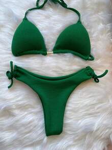 Ribbed Triangle Bikini Bottom, Double String Bikini Bottom, Semi-Thong - Green - View 2