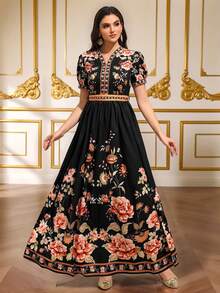 斋月庆典复古印花V领长款连衣裙，系带腰身设计，适合斋月节日穿着 - 黑色 - 查看 3