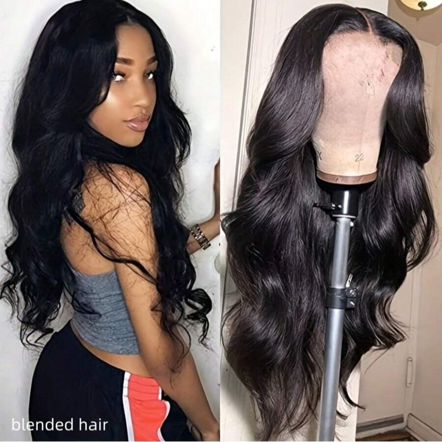 180%密度免胶佩戴假发，真人混纺发丝，预先拔毛、预先剪裁，自然波浪卷蕾丝前假发，13x4高清蕾丝前假发，真人混纺发丝，免胶假发，180%密度，自然黑 - 自然色&黑色系 - 查看 1