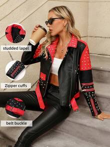 Women's Autumn/Winter Faux Leather Biker Jacket - Rhinestone Embellished, Asymmetric Zipper Design, Adding Fashionable Touch To Street Style In Cold Season - Red - View 1