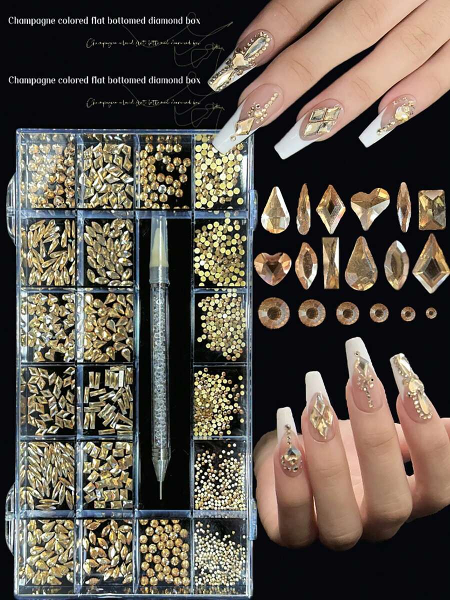 KIRAME 21 Compartments DIY Nail Art K9 Glass Champagne Flat Rhinestone Set - 30pcs High Gloss Rhinestones Per Compartment With 1 Drill Pen, Nail Gems, Nail Salon, Home Manicure, Nail Art Supplies, Christmas, New Year, Valentine's Day Nail Art, Holiday Gift, Suitable For Handicrafts, Clothing, Fabrics, Shoes, Glass Products, Jewelry Making - Multi-Size Sparkling Decorations Nail Rhinestones Nails - 香檳色 - 查看 1