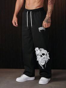 男士骷髅印花抽绳腰弹力休闲运动裤，时尚印花设计，适合海滩、通勤、运动等户外活动，宽松直筒裤型，适合春、夏、秋、冬四季穿着，街头风格，适合作为送给男友/老公的礼物，周年纪念礼物。 - 黑色 - 查看 9