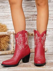 2026 女士时尚粗跟方头刺绣经典西部靴 - 紅色 - 查看 5